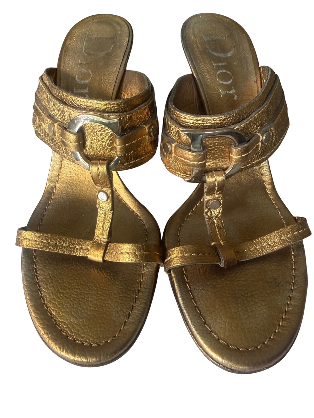 Dior Metallic Gold Leather Slide Sandals 39.5 Galliano Era CD logo